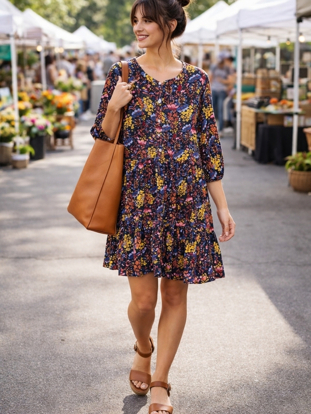 Natural Life Floral Babydoll Dress Cottagecore Boho Tiered Mini Medium